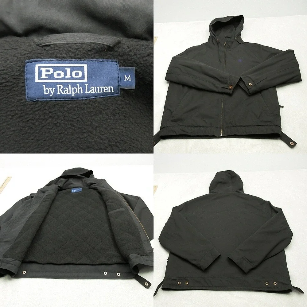 Polo by Ralph Lauren Jacket Mens Medium Black Lined Stow Hood Herrington VTG